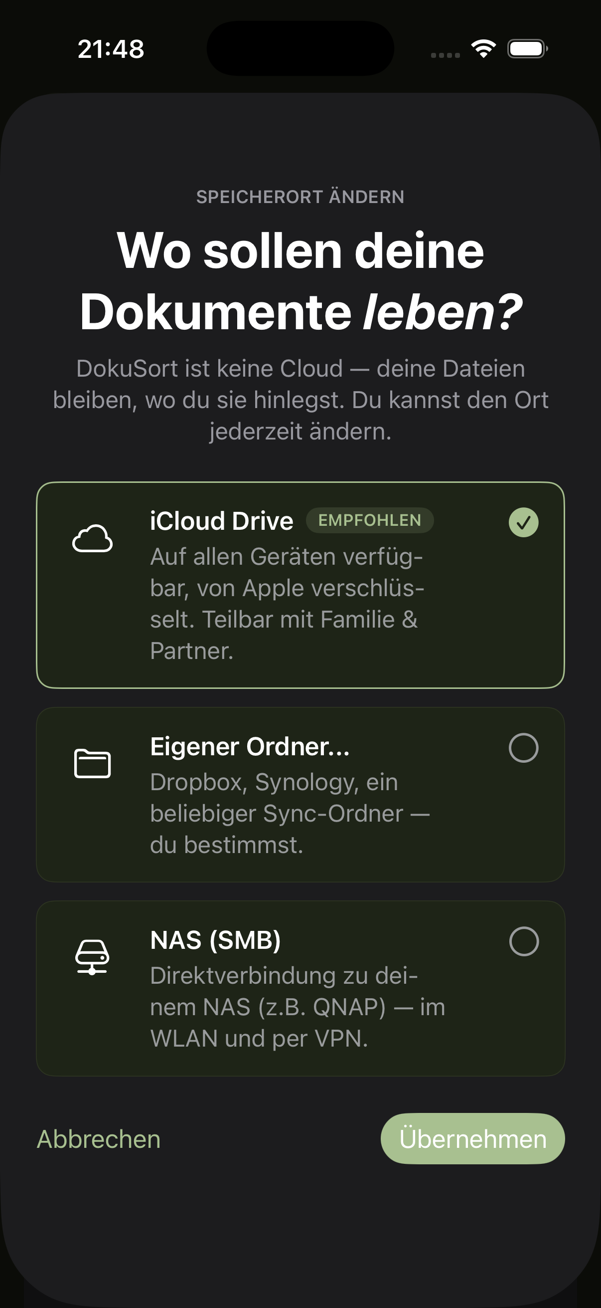 ZeroPaper iOS Speicherort Auswahl